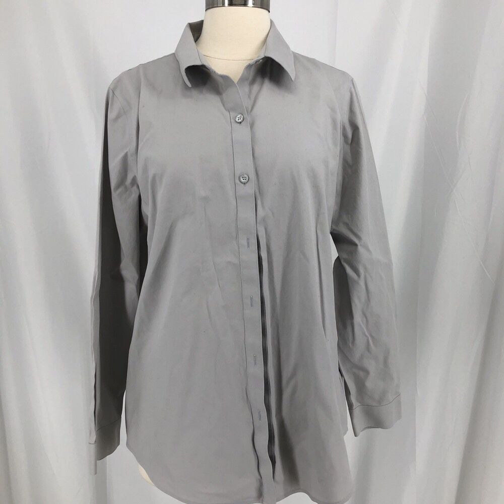 Coldwater Creek Shirt Size L Gray Cotton Blend Pleated Button Up Collared